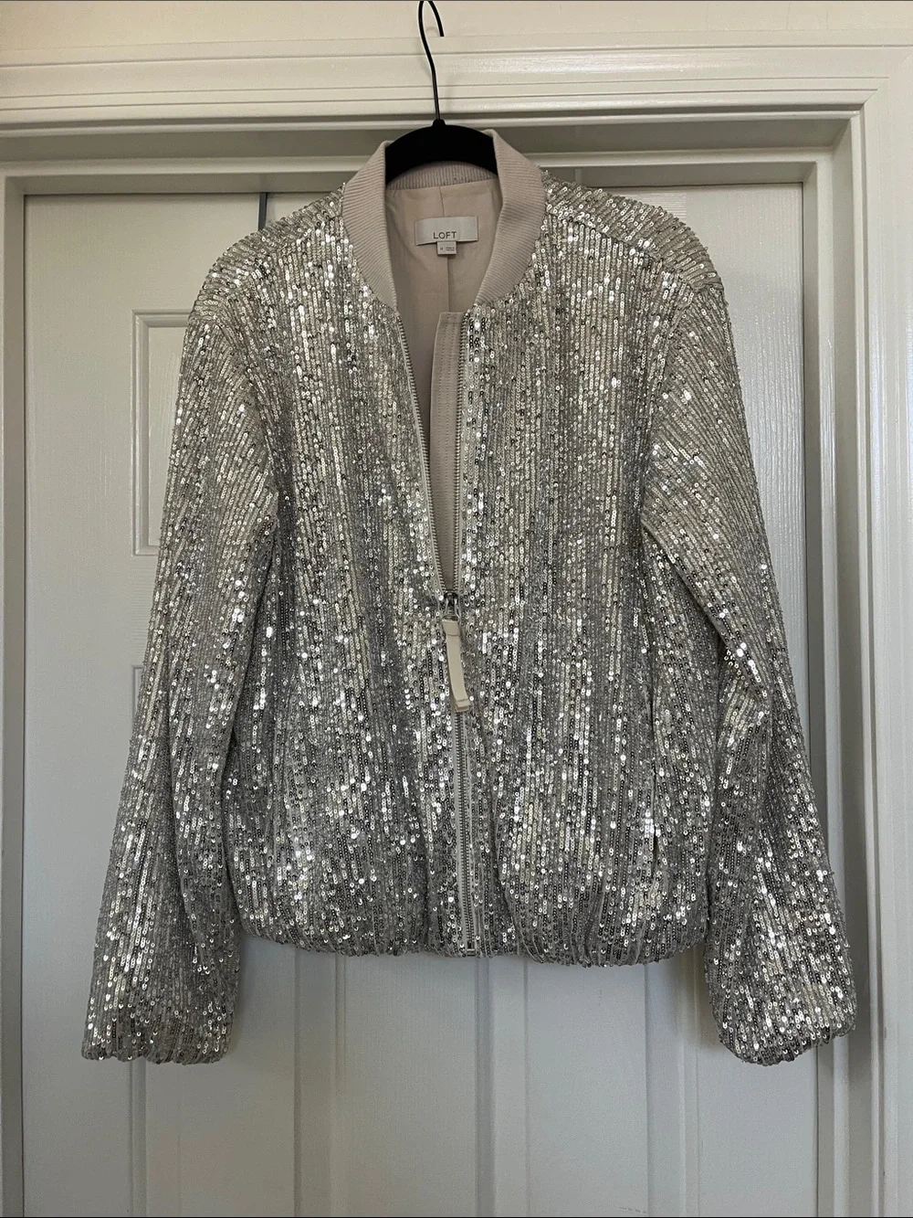 LOFT Silver Sequin Bomber with Ribbed Trim